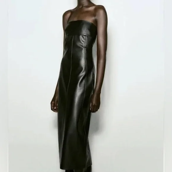 Zara Black Vegan Leather Bodycon Bustier Midi Dress